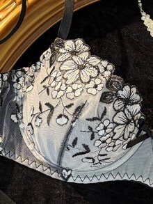 SHEIN 2件組女款網紗刺繡內衣套裝 - 黑與白 - 查看 6