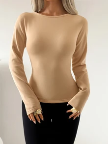 SHEIN EZwear 女款修身卡其色抓絨內裡長袖休閒T恤 - 杏色 - 查看 4