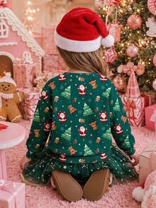 SHEIN Baby Girl Vintage Christmas Tree Print Loose Crew Neck Sweatshirt, Suitable For Autumn/Winter Party - Multicolor - View 5