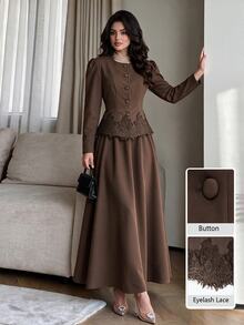 Modelyn Women's Elegant Vintage Fashion High-End Cinched Waist Lace Patchwork Long Sleeve Top And A-Line Skirt 2 Pieces Set Dinner Party Coffee Brown Fall - Brown - View 4