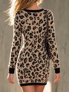 SHEIN Women Leopard Print V‑Neck Knit Mini Dress, Contrast Trim Button Detail Long Sleeve Bodycon Sweater - Multicolor - View 2