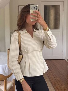 Muvela Women's Striped Button Shirt, Elegant Lapel Collar Long Sleeve Slim Fit Blouse, Ruffled Hem Wrap Top, Chic Office Work Commuter Wear For Early Spring - Black and White - View 2