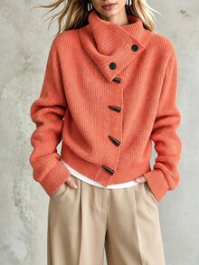 LUMIGAL 女款素色立領休閒百搭日常長袖針織衫 - Orange Ignite - 查看 1