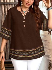 EMERY ROSE Women's Striped Geometric Pattern Notched V-Neck Short Sleeve Casual Shirt - Brown - View 5