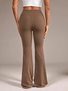 SHEIN Tall 女款純色修身百搭日常穿著喇叭褲 - 卡其色 - 查看 9