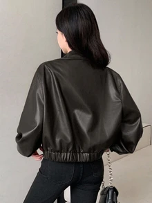 Joudiya 秋冬款女款純色棕色PU短版休閒街頭機車皮夾克 - 巧克力棕 - 查看 3