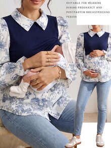 SHEIN 孕婦哺乳上衣 配色設計 休閒日常長袖 - 藍白色 - 查看 4