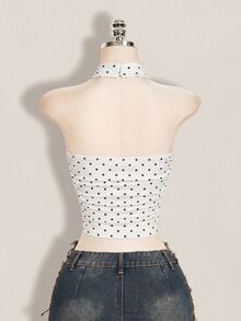 SHEIN ICON 女款波點印花修身休閒掛脖背心 - 白色 - 查看 2