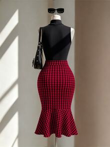 Fine & Folde Women's Houndstooth Casual Versatile Daily Skirt - Red - View 2