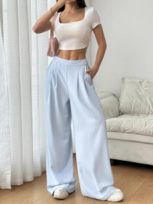 SHEIN EZwear 女款淺藍色高腰百褶寬腿長褲，夏季 - 淺藍色 - 查看 4