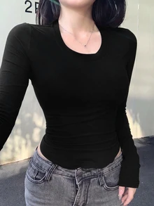 Joudiya 秋季黑色圓領基本款運動休閒街頭風性感長袖女款T恤 - 黑色 - 查看 9