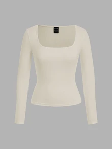 SHEIN EZwear 2件組女款純色方領長袖休閒T恤 - 彩色 - 查看 3