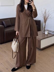 Solavon Women's Brown Overlap V-Neck Metal Buckle Decor Long Sleeve Top And Pants 2 Pieces Set - Brown - View 4
