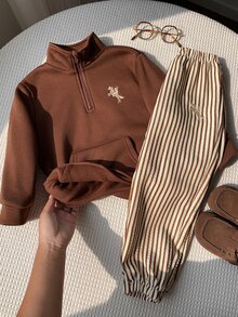 SHEIN 2件組兒童小男孩小女孩秋冬立領長袖條紋運動衫長褲套裝 男童套裝 - 彩色 - 查看 8