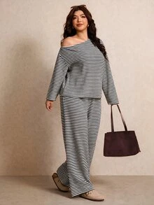 Elaquor Plus Size Women's Striped Asymmetrical Shoulder Long Sleeve T-Shirt And Pants Casual 2 Pieces Set Fall/Winter Casual Daily Going Out Office Work Sets - Black and White - View 1