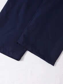 SHEIN 3件組青少年女孩套裝，連帽長袖前開襟短版拉鍊外套，白色滾邊與編織織帶裝飾，白色細肩帶背心上衣，鬆緊腰寬鬆寬腿長褲，秋季休閒穿搭 - 藍色 - 查看 5