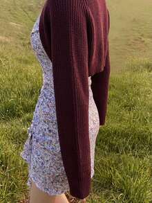 DAZY Solid Batwing Sleeve Tie Front Crop Cardigan,Long Sleeve Tops - Red Violet - View 2