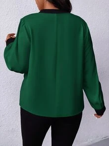 SHEIN LUNE 大尺碼優雅缺口V領撞色長袖襯衫 - 墨綠色 - 查看 2