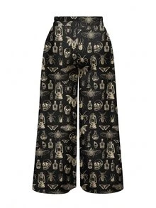 ROMWE Dark Forest Gothic Horror Mysterious Crow Bat Skull Cross Loose Plus Size Pants - Black - View 2