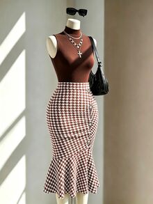Fine & Folde Women's Houndstooth Casual Versatile Daily Skirt - Coffee Brown - View 3