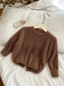 Genkimix Kids Young Girl Sweater, Fuzzy Brown Crewneck Long Sleeve Solid Knit Pullover - Brown - View 3