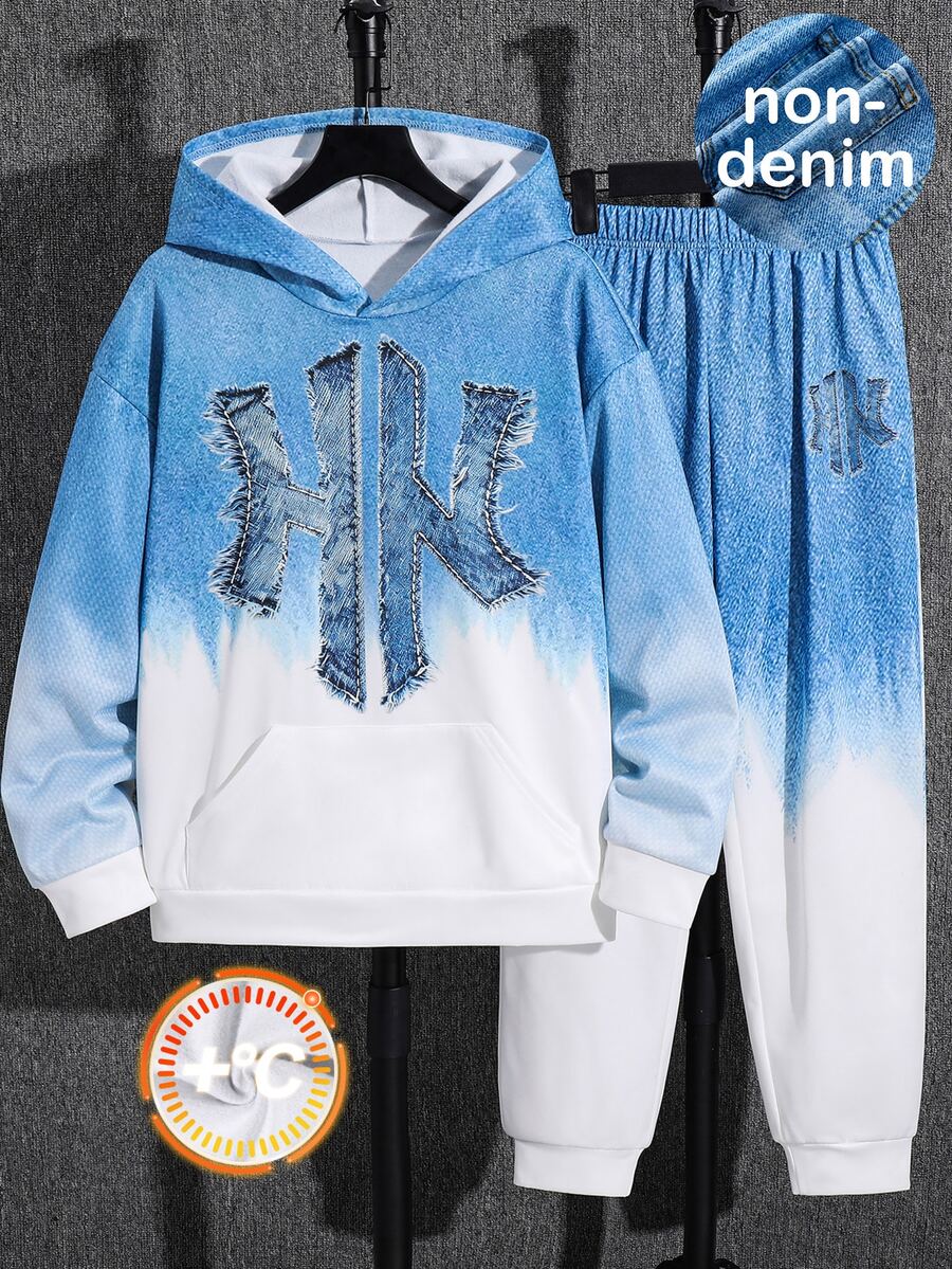 SHEIN 青少年男孩休閒字母設計連帽衛衣與長褲套裝 - 彩色 - 查看 1