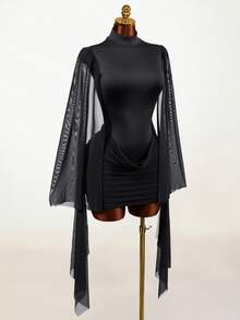 Mistrie Women's Contrast Mesh Bell Sleeve Pleated Fashion Sexy Backless Dress - Black - View 11