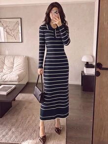 Modelyn Women's Polo Collar Striped Contrast Color Autumn/Winter Long Sleeve Sweater Dress - Royal Blue - View 6