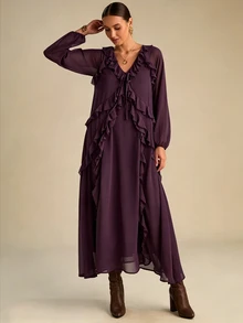 Enchnt Chocolate Brown 's Elegant Ruffle V-Neck Lantern Sleeve Long Dress, Autumn Holiday Outfits,Chic For Brunch VacationDaily Commute,Summer - Purple - View 5