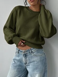 SHEIN BASICS 女款素色圓領長袖休閒基礎款寬鬆針織衫 淡黃色 秋冬日常上學早午餐穿搭 - 軍綠色 - 查看 4