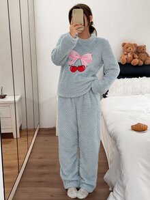 Napfluff Cherry Embroidered Comfortable Warm Plush Women's Long Sleeve Long Pants Pajama Set - Blue - View 7