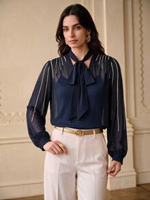 ZEYLAH Women's Tie Neck Casual Daily Wear Blouse - Navy Blue - View 4