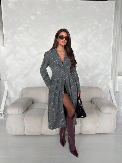 Aloruh Damen-Mantel mit französischen Polka-Dots, Plissee, Knöpfen und langen Ärmeln