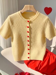 Comfortcana 女款時尚高品質植絨愛心鈕扣圓領彩色針織開襟衫，春秋新款短袖柔軟針織外套，休閒百搭 - 淡黃色 - 查看 1