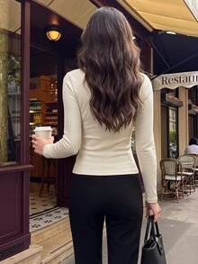 Vintamour Women's Solid Color Contrast Lace V-Neck Long Sleeve Metal Button Top - Apricot - View 2