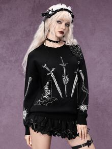 ROMWE Gothic Punk Halloween Outfit Metal Utensil Collage Pattern Distressed Raw Edge Design Round Neck Pullover Loose Fit Sweater - Black - View 5