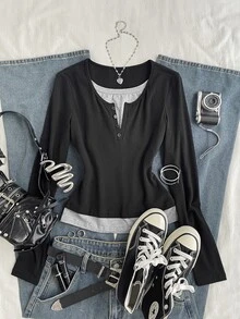 Attitoon Women's 2 In 1 Patchwork Casual Daily Long Sleeve T-Shirt - Black - View 1