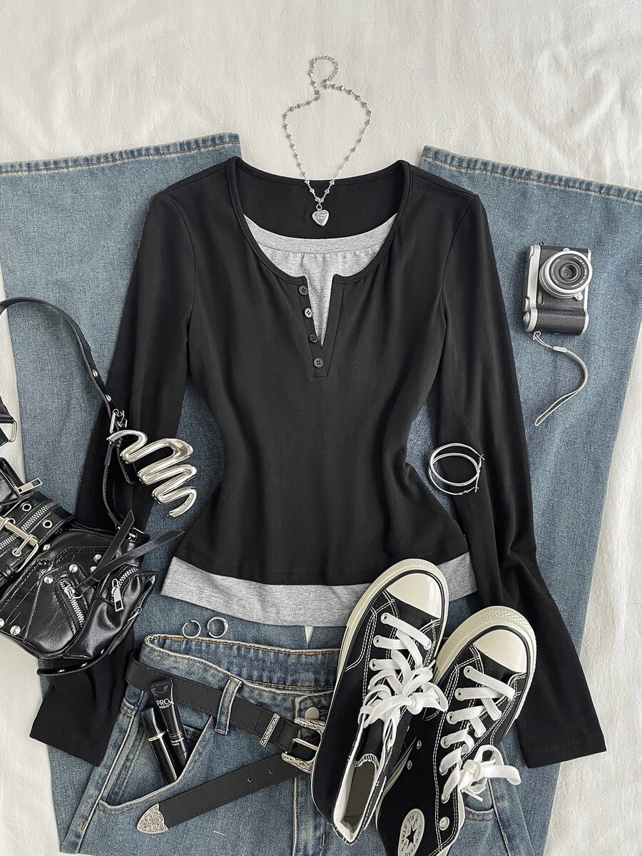 Attitoon Women's 2 In 1 Patchwork Casual Daily Long Sleeve T-Shirt - Black - View 1