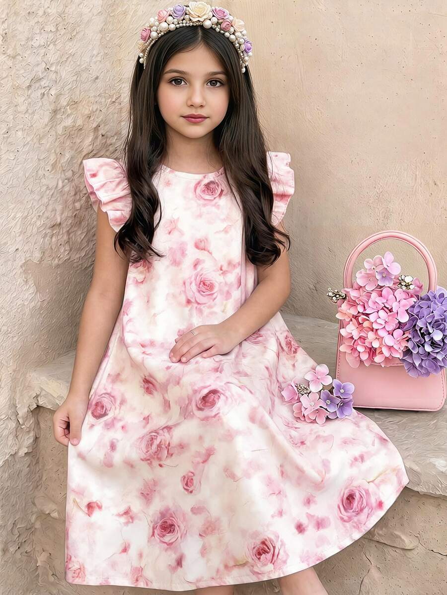 公主風甜美粉色漸層花卉圖案,青少年女孩休閒簡約卡通花朵圖案荷葉袖洋裝,適合夏季,輕鬆舒適,外出、優雅、可愛、派對、日常、度假、可愛、舒適、田園風、玩耍、週末休閒、家庭外出、田園風 - 彩色 - 查看 1