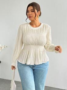 Firerie Plus Size Women's Solid Color Pleated Casual Daily Long Sleeve Shirt - Apricot - View 5