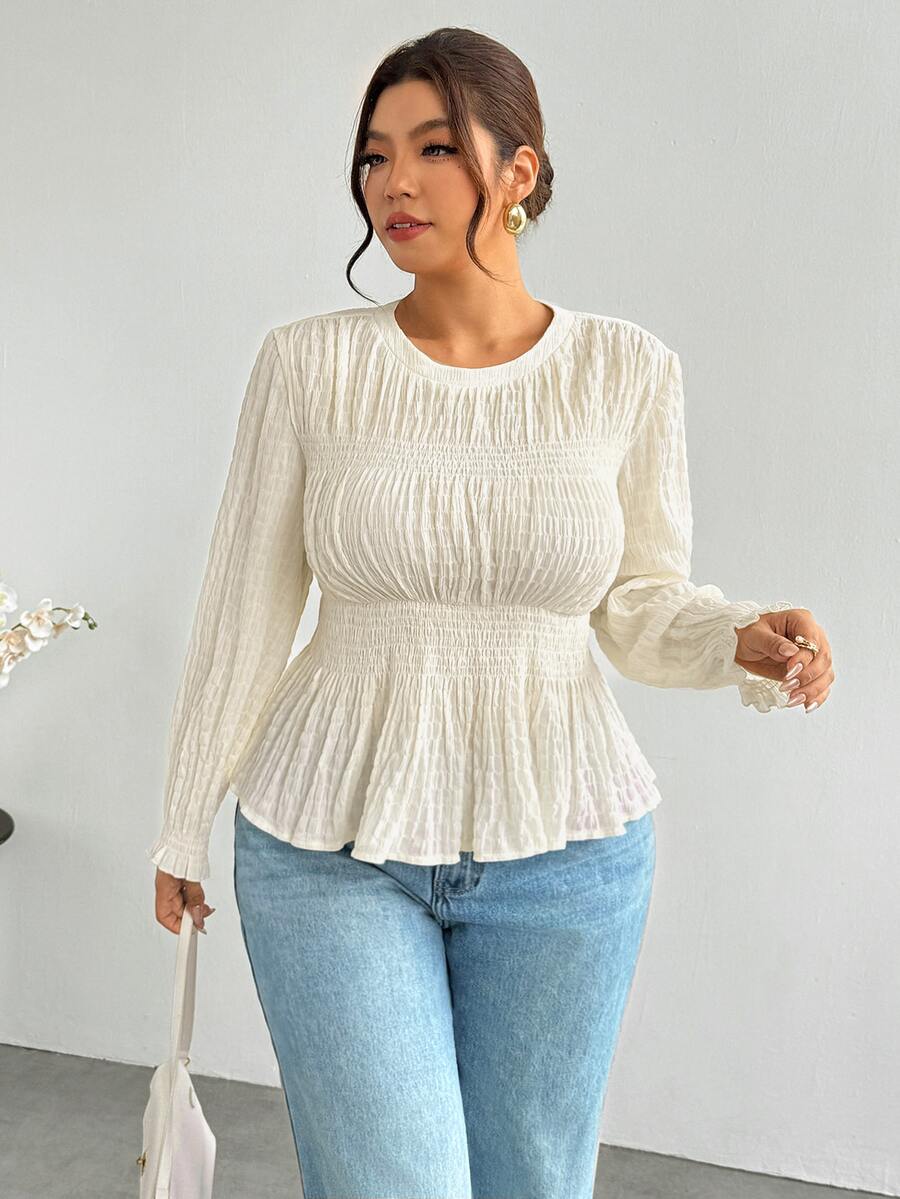 Firerie Plus Size Women's Solid Color Pleated Casual Daily Long Sleeve Shirt - Apricot - View 1