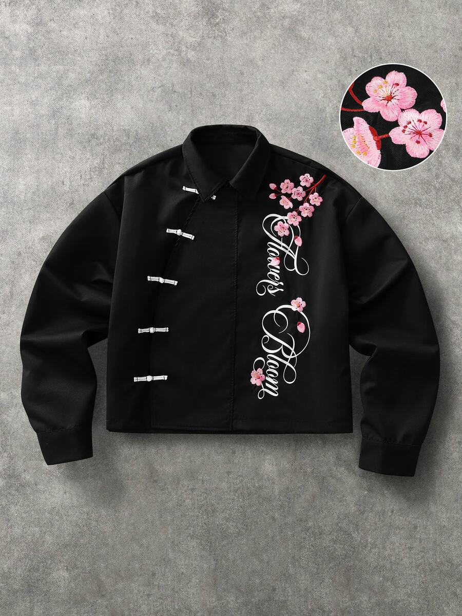 PAVTROS Men's Letter & Floral Pattern Casual Daily Wear Shirt - Black - View 1