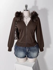 SHEIN ICON Plus Size Women's Y2K Retro Fur Collar Patchwork Regular Sweatshirt Jacket With Pocket Fall - Coffee Brown - View 1