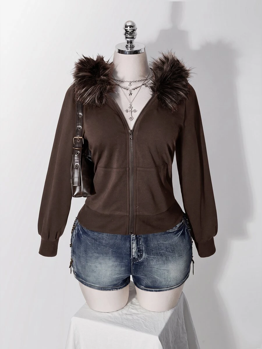 SHEIN ICON Plus Size Women's Y2K Retro Fur Collar Patchwork Regular Sweatshirt Jacket With Pocket Fall - Coffee Brown - View 1