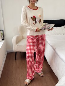Napfluff Cute Dachshund Print Long Sleeve Pajamas For Women, Red Plaid Contrast Lace Trim Loungewear Set - Multicolor - View 5