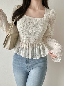 FRIFUL Women's Polka Dot Pleated Casual Versatile Everyday Outing Blouse - White - View 7