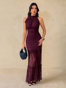 SHEIN Tall Women's Mesh Patchwork Elegant Cinched Waist Halter Neck Party Dress - Burgundy - View 6