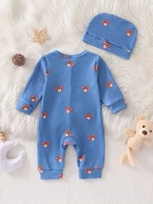 SHEIN Newborn Beige Bear Pattern Long Sleeve Long Pants Romper & Hat Set - Dusty Blue - View 2