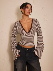 SHEIN PETITE Women's Deep V-Neck Striped Casual Daily Long Sleeve Top - Multicolor - View 5