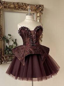 Lovelzi Elegant Romantic Gold & Silver Metallic Jacquard Satin Patchwork Tulle Circle Skirt With Luxurious Handmade Pearl Decor Short Hem, Suitable For Pre-Wedding Party, Wedding And Graduation Prom - Khaki - View 6